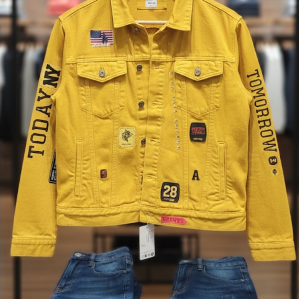 Bershka Yellow denim Jacket with Patches. Denim